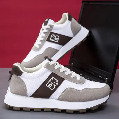 Breathable Thick Sole Men’s Mesh & Leather Round-Toe Sneakers